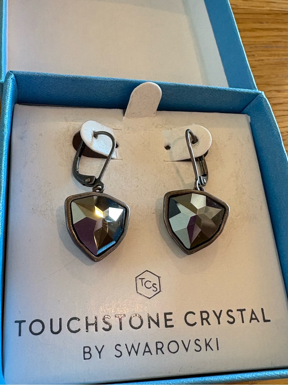 NWT Touchstone Crystal By Swarovski Armour Drop Earrings Shield Trilliant Gray